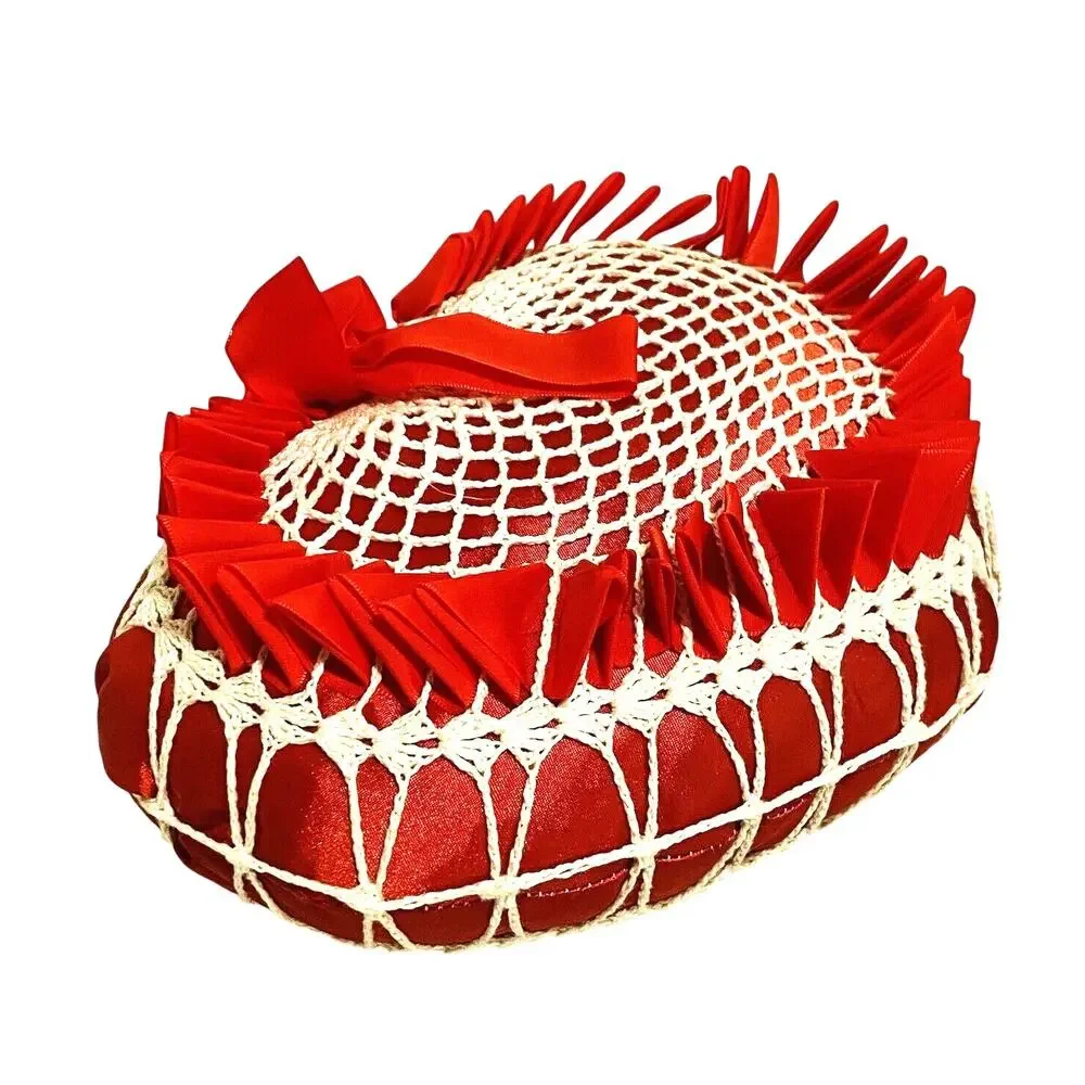 Vintage Heart Shaped Toss Pillow Red Satin Ribbons & White Crochet Caged Romance